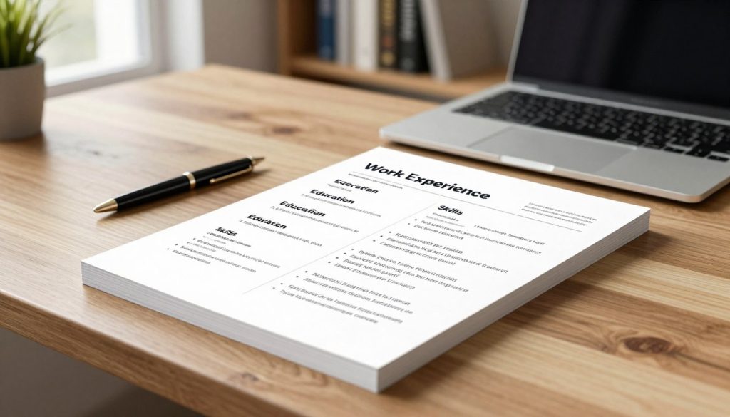 A modern resume displayed on an elegant wooden desk, illuminated by soft natural light from a nearby window. The foreground features the resume prominently, with a clean layout showcasing sections like "Work Experience," "Education," and "Skills." In the middle ground, a sleek laptop and a stylish pen rest adjacent to the resume, suggesting an active work environment. The background includes a blurred bookshelf filled with professional books and a potted plant for a touch of freshness. The overall atmosphere is professional and motivating, emphasizing clarity and organization in resume design. The focus is on presenting a visually appealing and inspiring representation of essential resume elements.