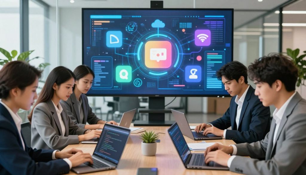 A professional setting illustrating essential digital skills for modern career success. In the foreground, a diverse group of individuals, dressed in business attire, are intently engaged with digital devices such as laptops and tablets, showcasing skills like coding, data analysis, and digital communication. In the middle ground, a large digital screen displays various icons representing digital tools (cloud computing, social media, and cybersecurity tips) glowing with vibrant colors. The background features a modern office environment with glass walls and greenery, enhancing a sense of innovation. The lighting is bright and crisp, emphasizing an energetic and inspiring atmosphere. The composition is shot from a slightly elevated angle, promoting a dynamic and engaging perspective.