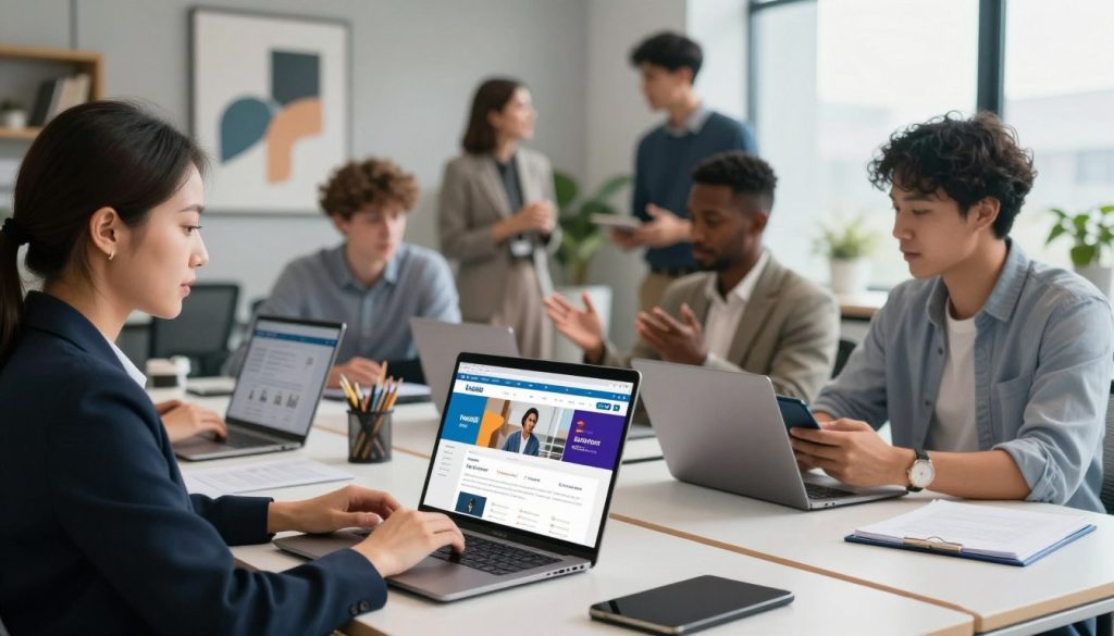 A sleek, modern workspace featuring a diverse group of professionals showcasing their optimized LinkedIn profiles on various digital devices. In the foreground, a confident woman in business attire examines her laptop screen, displaying a vibrant LinkedIn profile. Beside her, a man in a smart casual outfit reviews his phone, highlighting key achievements. The middle ground features more professionals engaged in discussions, gestures of networking, and exchanging ideas. The background includes a stylish office setting with abstract art and bookshelves, softly lit by natural light coming through large windows. The atmosphere is motivated and dynamic, conveying a sense of ambition and collaboration. The composition focuses on the importance of professional presentation and connections in career advancement.