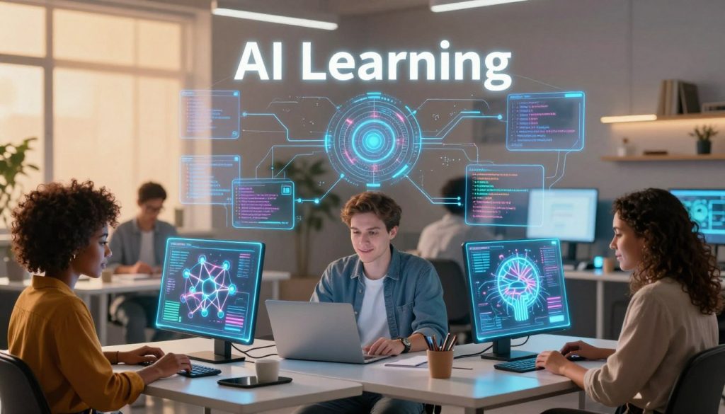 A vibrant and engaging scene depicting an abstract representation of "AI Learning." In the foreground, a diverse group of three individuals, a woman of African descent, a Caucasian man, and a Hispanic woman, are seated at sleek modern desks, surrounded by glowing holographic screens displaying neural networks and data flow. In the middle ground, intricate digital diagrams of algorithms and coding languages float, intermingling with visualized concepts of machine learning. The background captures a cozy yet high-tech classroom or workspace ambiance, with warm lighting filtering through large windows, casting gentle shadows. The overall mood is one of curiosity and collaboration, emphasizing a friendly and supportive environment for beginners embarking on their AI learning journey.